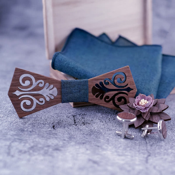 Set di 4 papillon in legno con motivo a fiori cavi da uomo