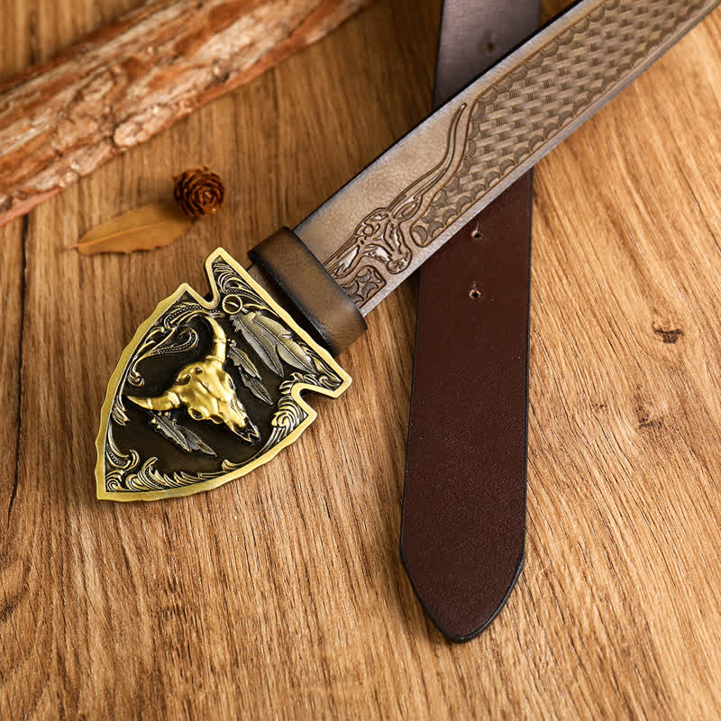 Cintura in pelle da uomo con testa di toro dominante in stile etnico