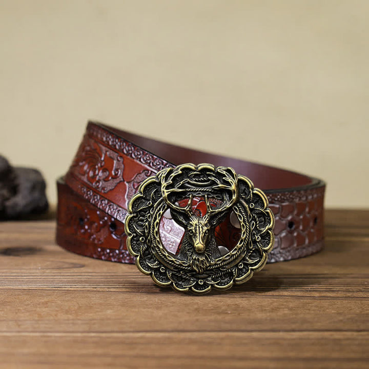 Cintura in pelle con fibbia in corno di alce 3D fai da te da uomo - Bronzo antico - Cintura marrone intagliata (40) - image 17