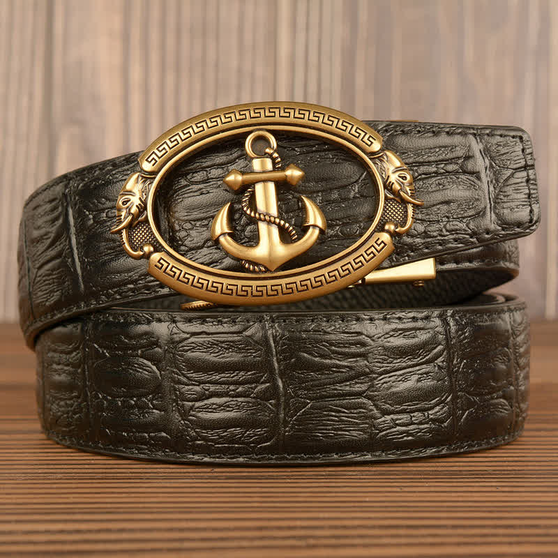 Cintura da uomo in pelle goffrata con ancora nautica e coccodrillo - Oro e nero - Pelle di coccodrillo - 44 - image 0