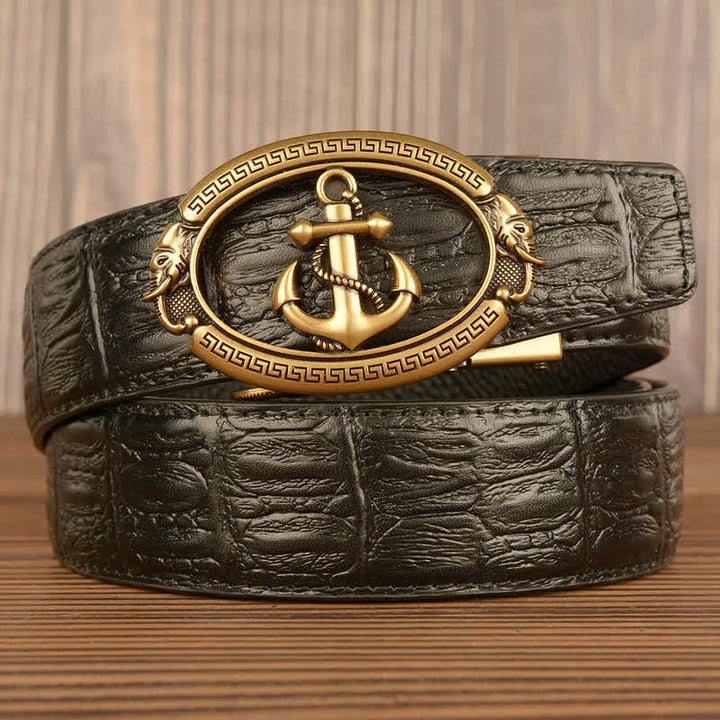 Cintura da uomo in pelle goffrata con ancora nautica e coccodrillo - Oro e nero - Pelle di coccodrillo - 44 - image 0