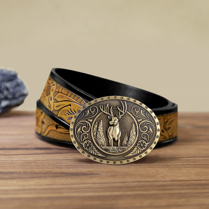 Cintura in pelle con fibbia ovale fai da te da uomo a forma di cervo della foresta - Bronzo antico - Cintura marrone sabbia (40) - image 21