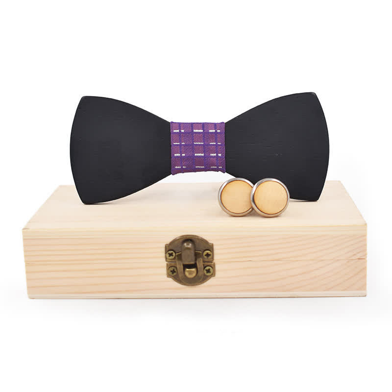 Set di 2 gemelli da uomo in legno nero con papillon - Plaid viola - image 10