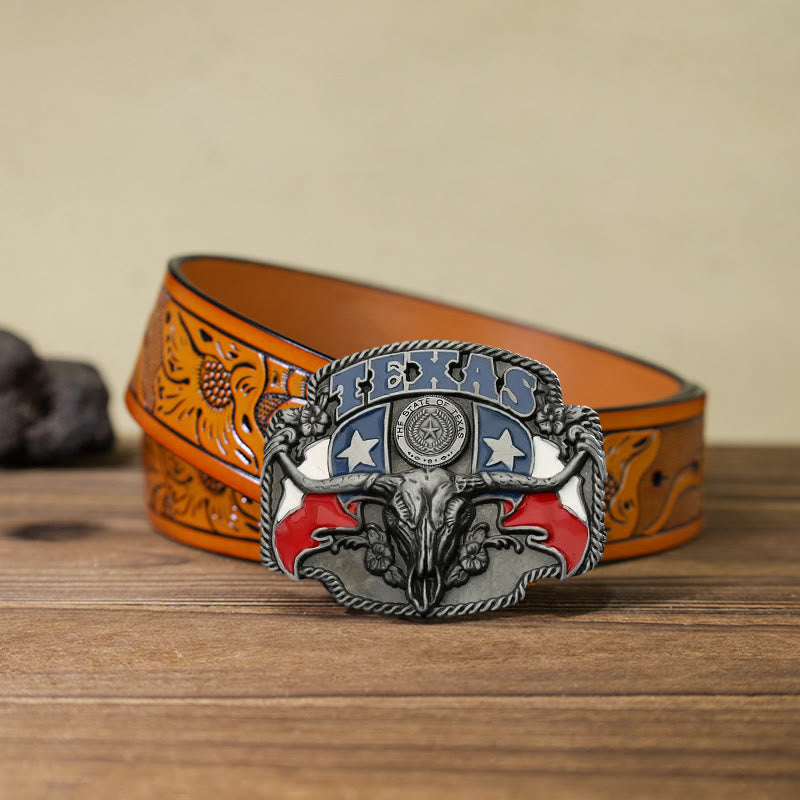 Cintura in pelle fai da te con fibbia a forma di toro Longhorn con bandiera del Texas da uomo