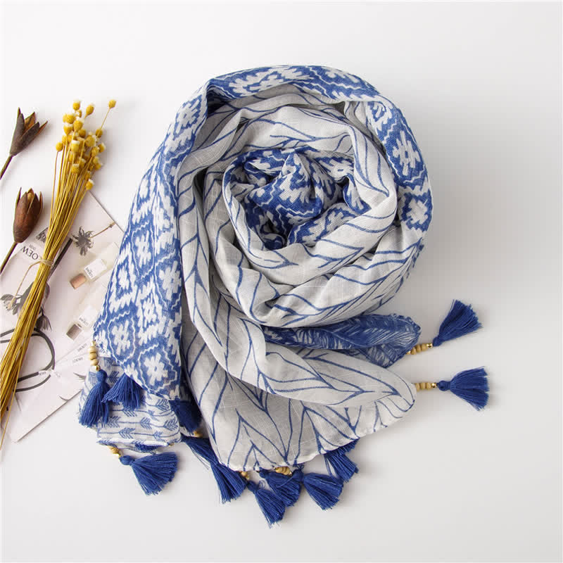 Sciarpa con nappe di perline e motivo a piume da donna