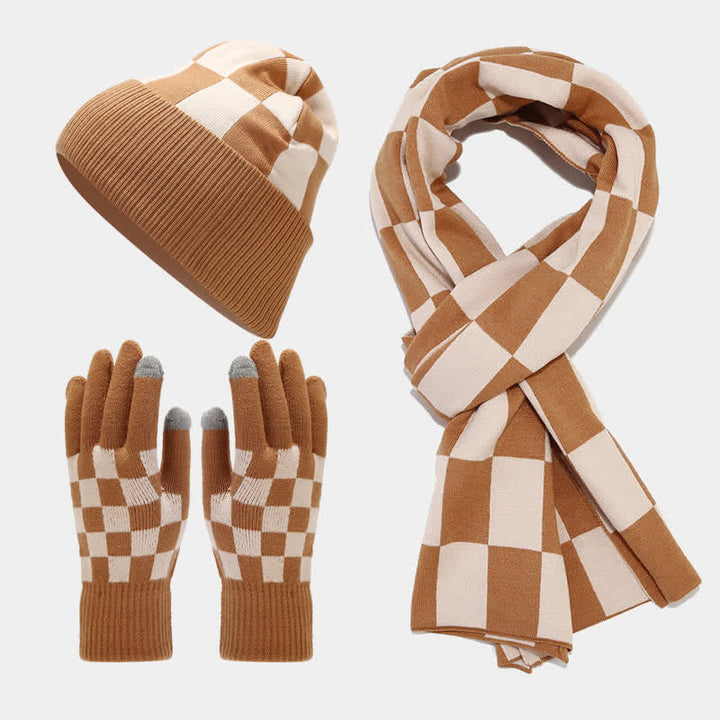 Set di 3 cappelli, sciarpe e guanti a quadri a scacchi unisex