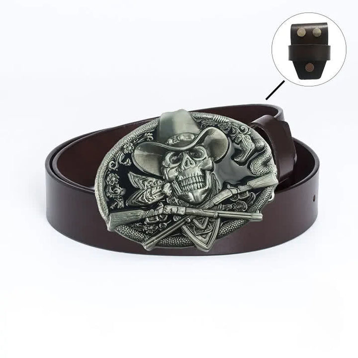 Cintura in pelle da uomo con teschio pirata e pistole incrociate - Maglietta in pelle - Smalto marrone/nero - 46 - image 16