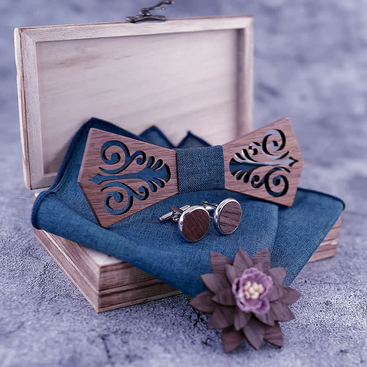 Set di 4 papillon in legno con motivo a fiori cavi da uomo