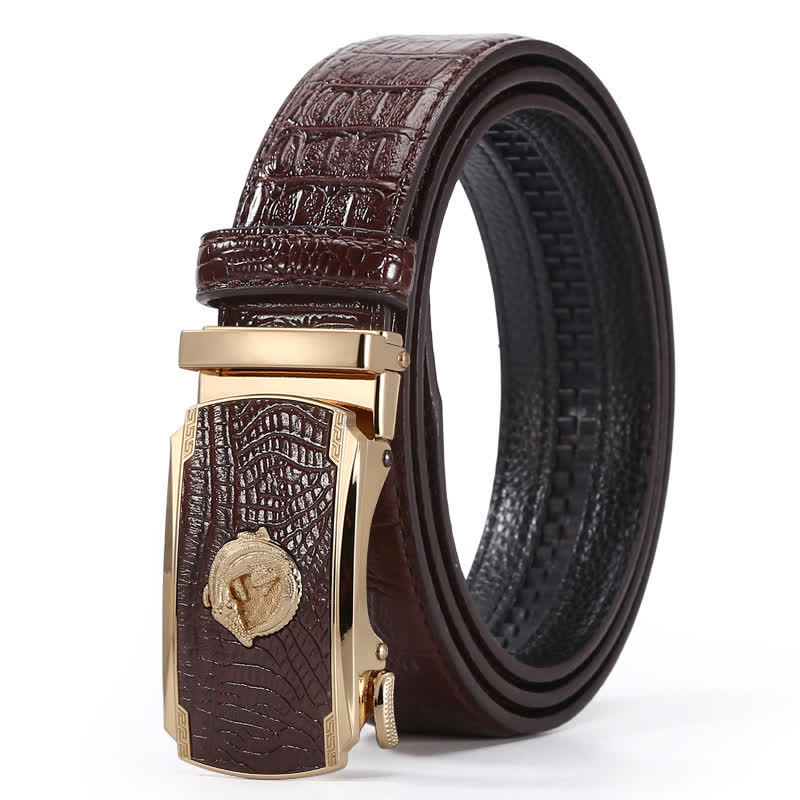 Cintura da uomo in pelle con fibbia automatica con motivo coccodrillo - Stile n. 7 - Marrone / Oro - 44 - image 24