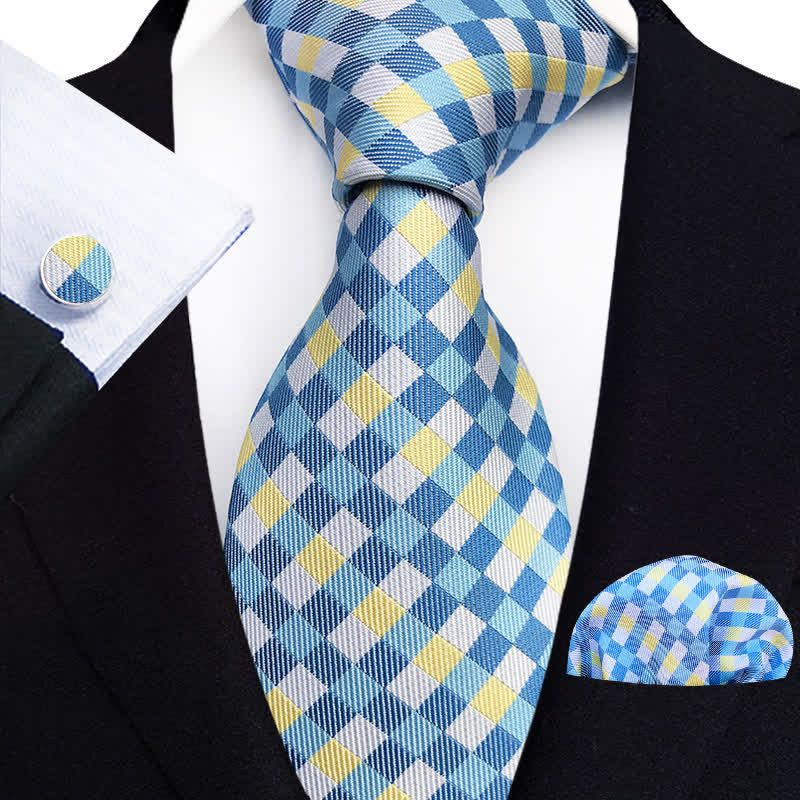 Set di 3 cravatte a quadri blu cielo e giallo da uomo - Azzurro e giallo - image 0