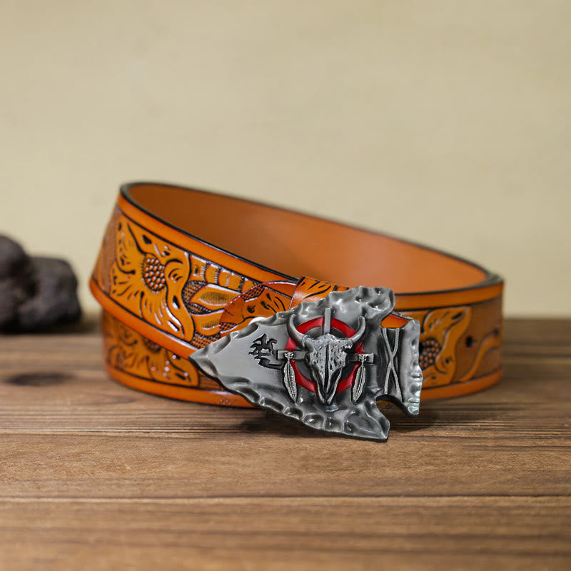 Cintura in pelle con fibbia a forma di toro a forma di punta di freccia fai da te da uomo - Argento antico - Cintura intagliata arancione (40) - image 23