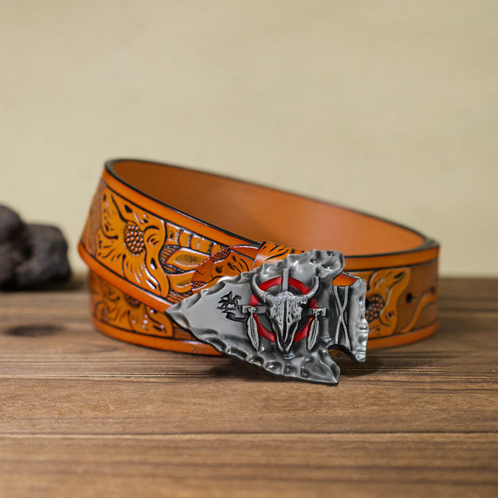 Cintura in pelle con fibbia a forma di toro a forma di punta di freccia fai da te da uomo - Argento antico - Cintura intagliata arancione (40) - image 23