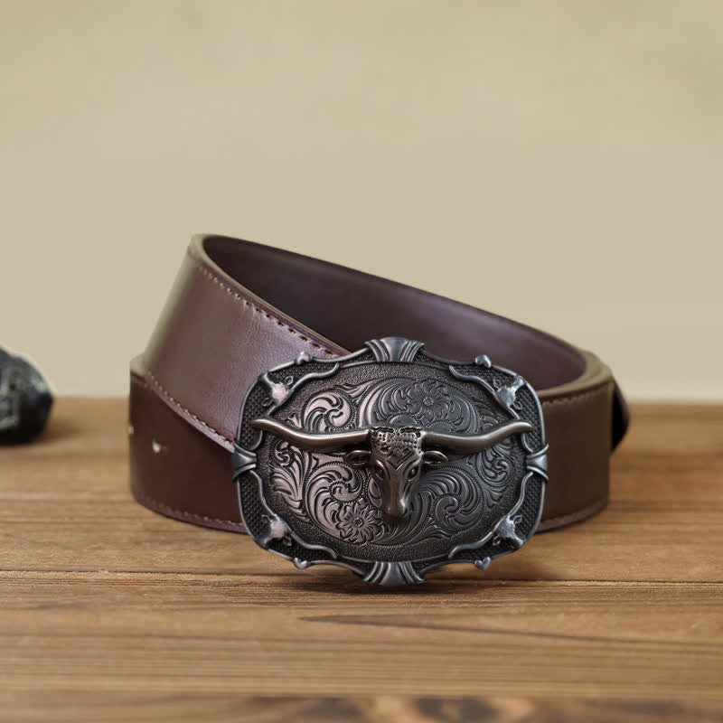 Cintura in pelle con fibbia quadrata a forma di toro Longhorn in argento fai da te da uomo