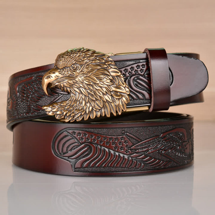 Cintura in pelle con fibbia automatica a forma di testa d'aquila intricata da uomo