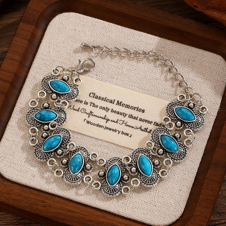 Bracciale vintage boho con turchese marquise e maglie intagliate in argento antico - Blu - image 5