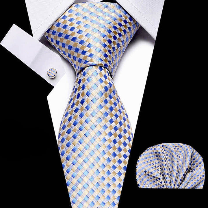 Set di 3 cravatte da uomo a quadri gialli e blu intrecciati