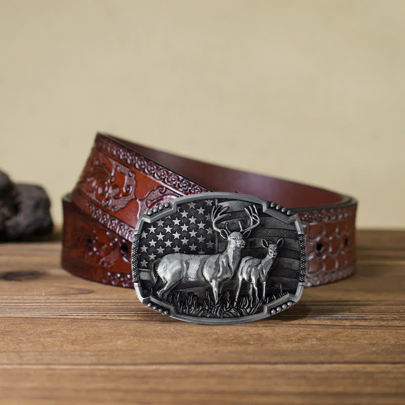 Cintura in pelle con fibbia della bandiera americana da cacciatore di cervi fai da te da uomo