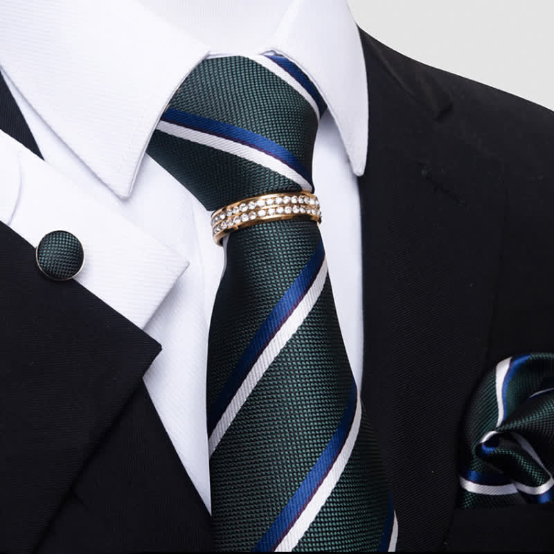 Set di 4 cravatte a righe da uomo con anello per cravatta - Verde scuro - image 0