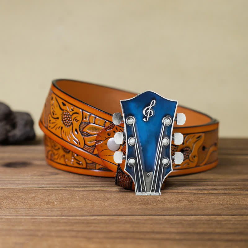 Cintura in pelle con fibbia per paletta di chitarra musicale fai da te da uomo - Blu - Cintura intagliata arancione (40) - image 31