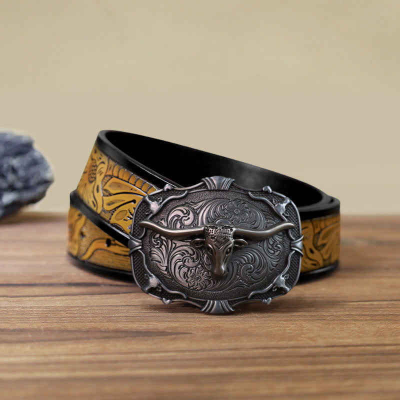 Cintura in pelle con fibbia quadrata a forma di toro Longhorn in argento fai da te da uomo