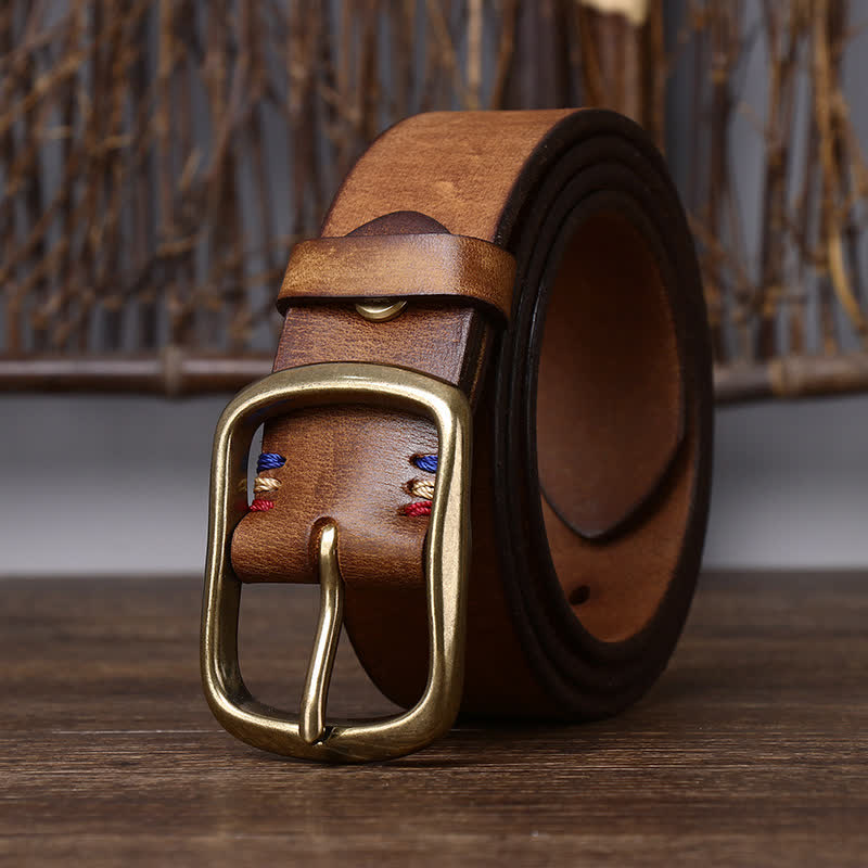 Cintura da uomo vintage in pelle di vacchetta pura spessa - Marrone giallastro - 46 - image 0