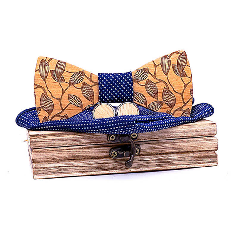 Set di 3 papillon in legno con motivo a foglia da uomo