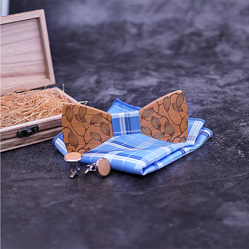 Set di 3 papillon in legno con motivo a foglia da uomo