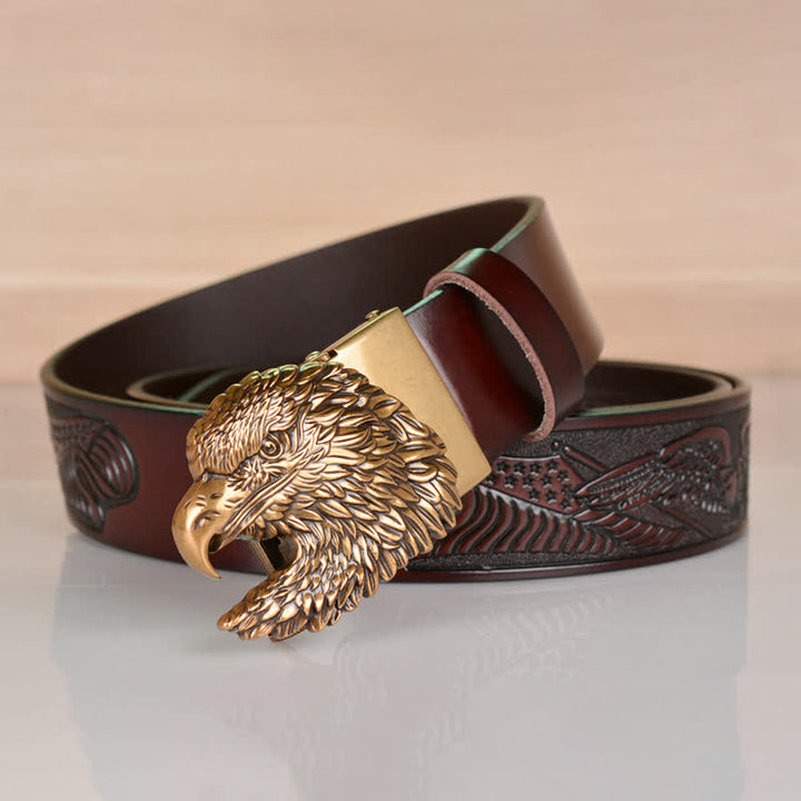 Cintura in pelle con fibbia automatica a forma di testa d'aquila intricata da uomo