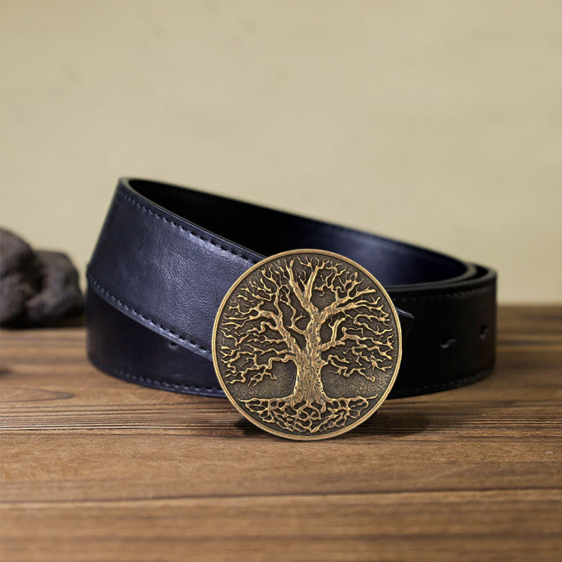 Cintura in pelle con fibbia rotonda fai da te con albero della vita da uomo - Bronzo - Cintura PU nera (40) - image 7