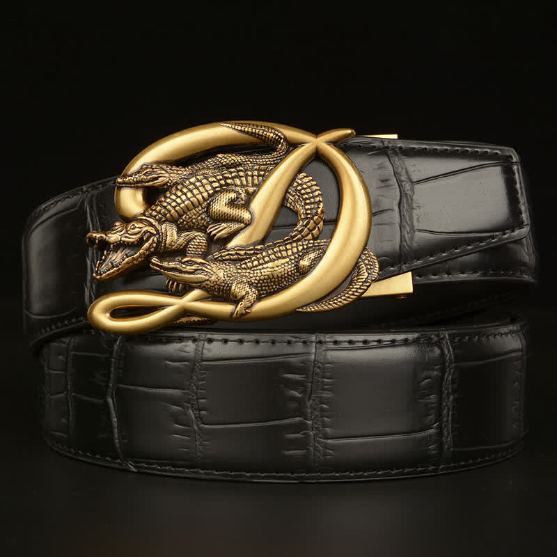 Cintura da uomo in pelle con fibbia in coccodrillo e motivo alligatore - Stile n. 1 - Oro e nero - 46 - image 0
