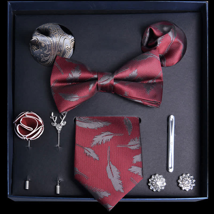8 pezzi papillon con foglie rosso scuro e fiori alla moda, scatola regalo
