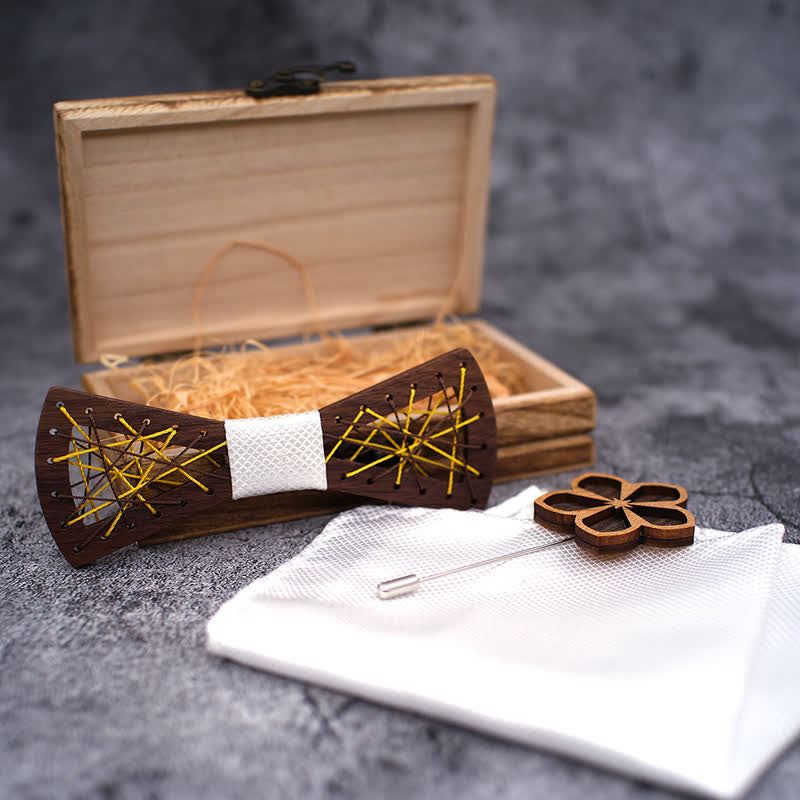 Set di 3 papillon in legno ricamati e intrecciati da uomo