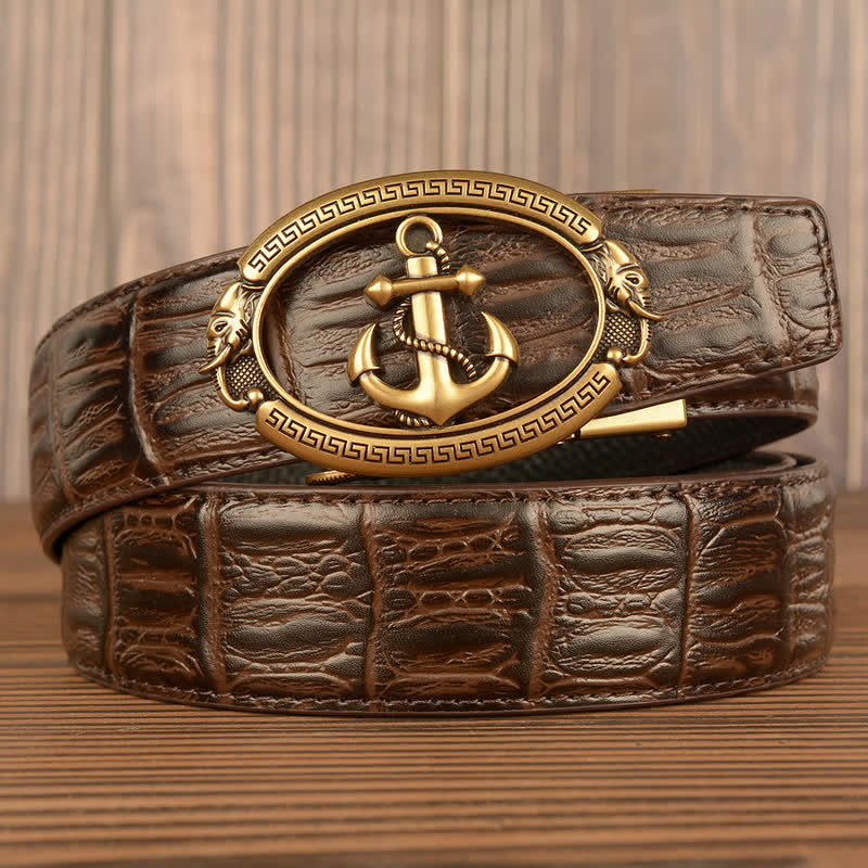 Cintura da uomo in pelle goffrata con ancora nautica e coccodrillo - Oro e marrone - Pelle di coccodrillo - 44 - image 9