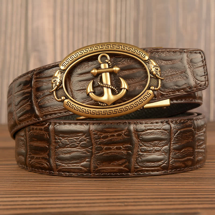Cintura da uomo in pelle goffrata con ancora nautica e coccodrillo - Oro e marrone - Pelle di coccodrillo - 44 - image 9