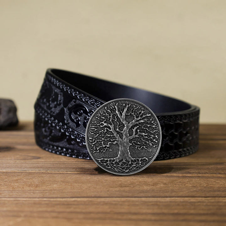 Cintura in pelle con fibbia rotonda fai da te con albero della vita da uomo - Argento - Cintura nera intagliata (40) - image 15
