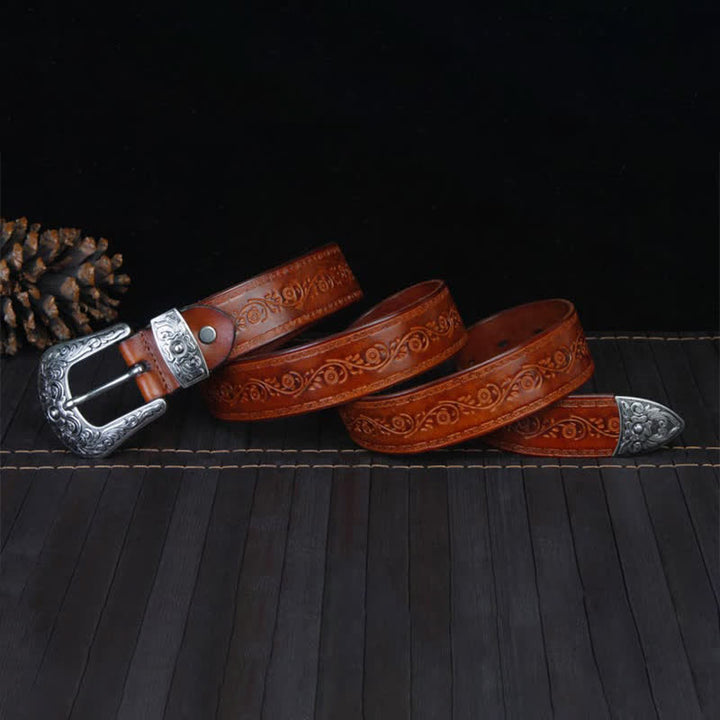 Cintura unisex in pelle con stampa floreale e texture rustica
