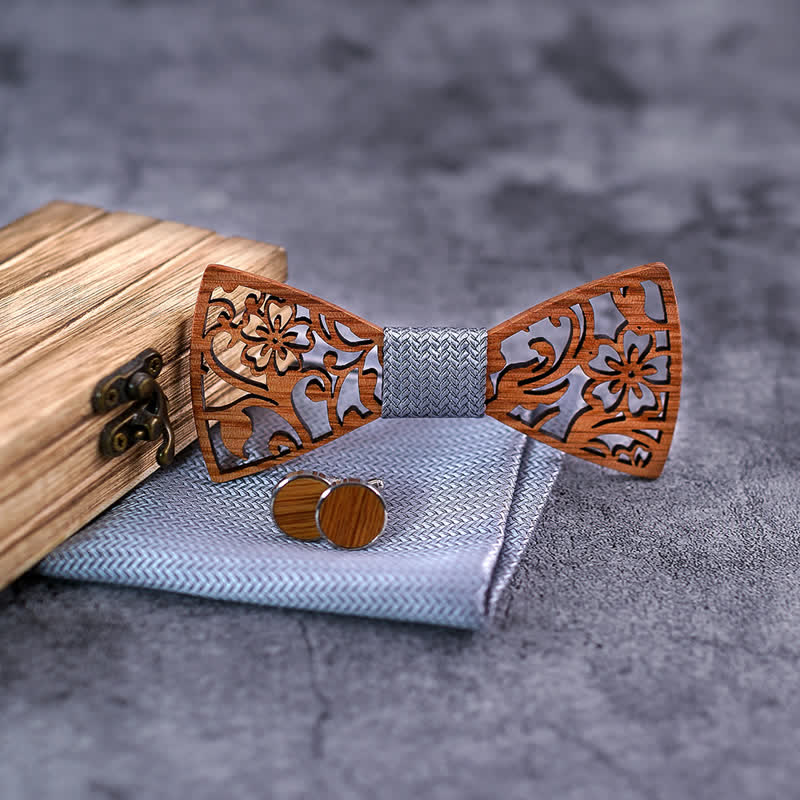 Set di 4 papillon in legno con motivo floreale cavo da uomo