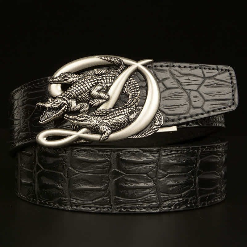 Cintura da uomo in pelle con fibbia in coccodrillo e motivo alligatore - Stile n. 2 - Argento e nero - 46 - image 19