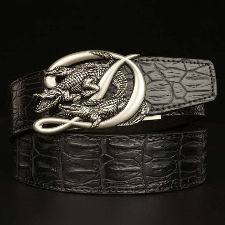 Cintura da uomo in pelle con fibbia in coccodrillo e motivo alligatore - Stile n. 2 - Argento e nero - 46 - image 19