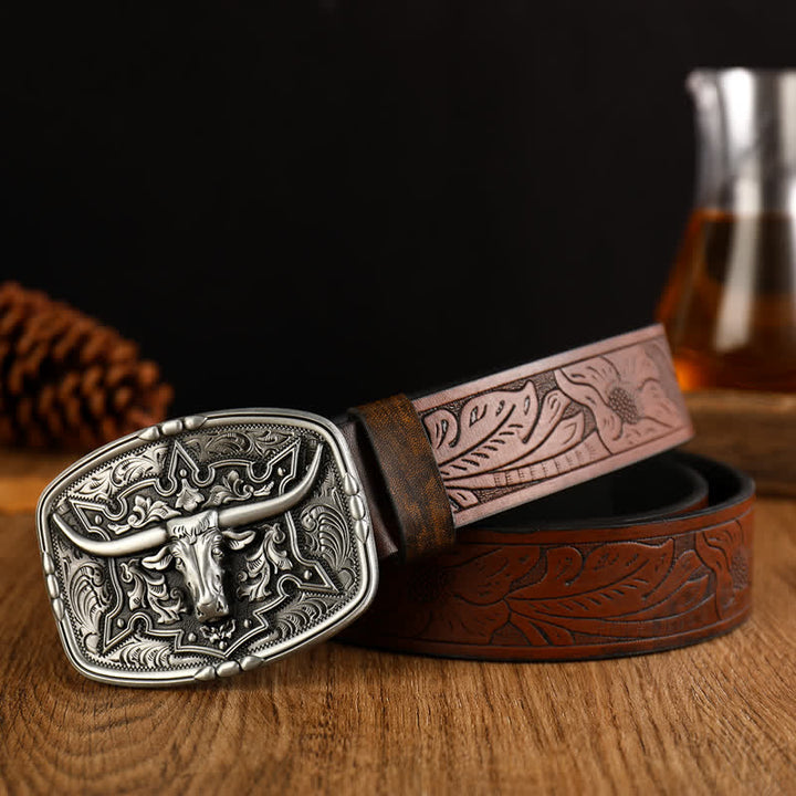 Cintura da uomo in pelle stampata con testa di mucca in stile western