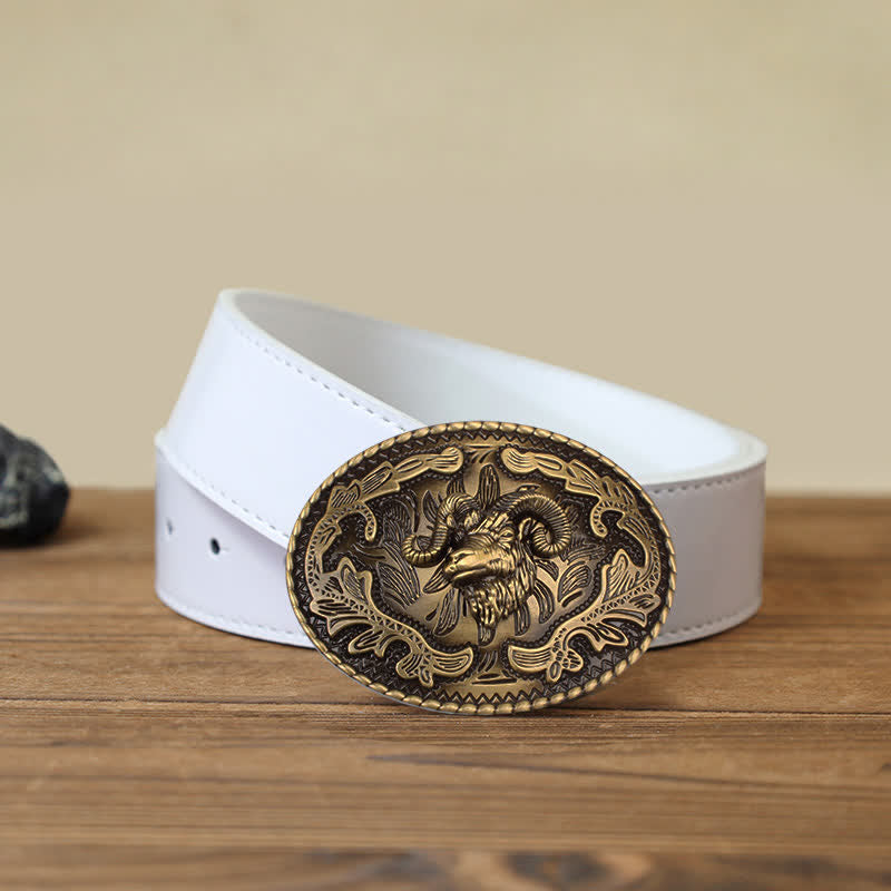 Cintura in pelle con fibbia a forma di testa di capra selvatica in bronzo fai da te da uomo