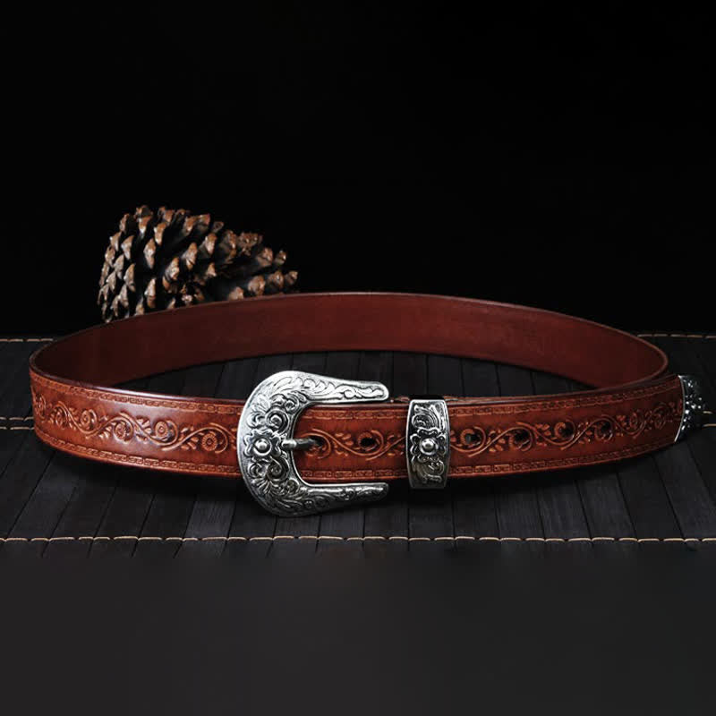 Cintura unisex in pelle con stampa floreale e texture rustica