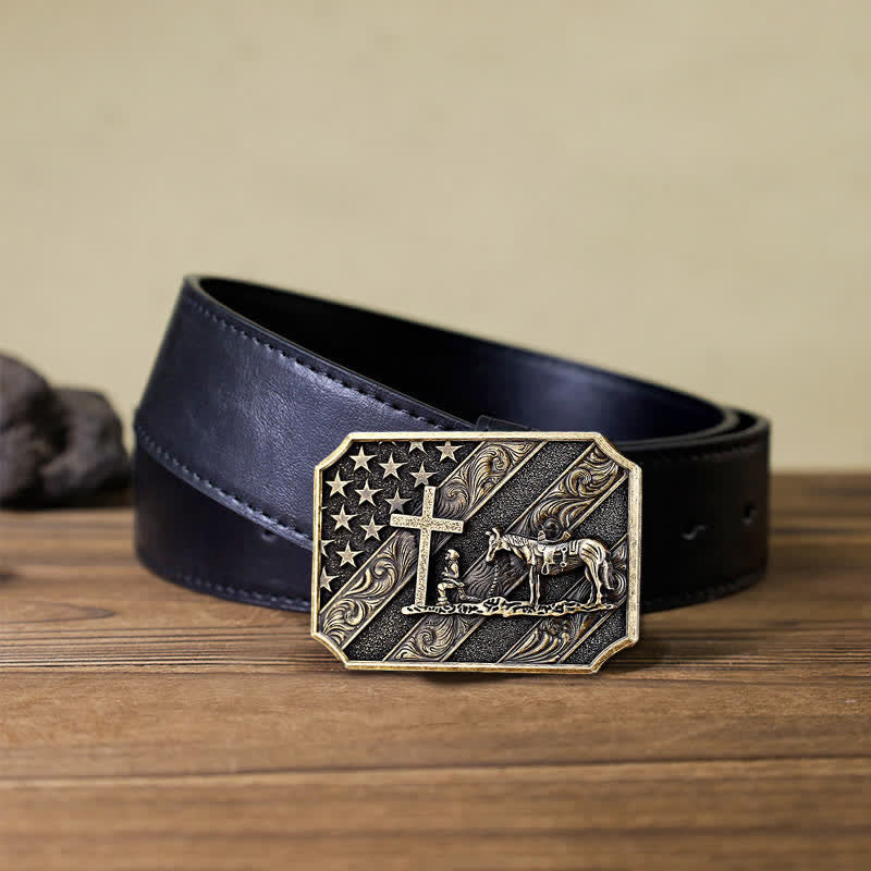 Cintura in pelle fai da te da uomo con fibbia a forma di cavallo con croce e bandiera americana