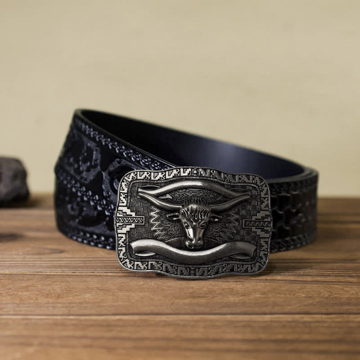 Cintura in pelle fai da te da uomo con fibbia a forma di toro Longhorn quadrato in argento