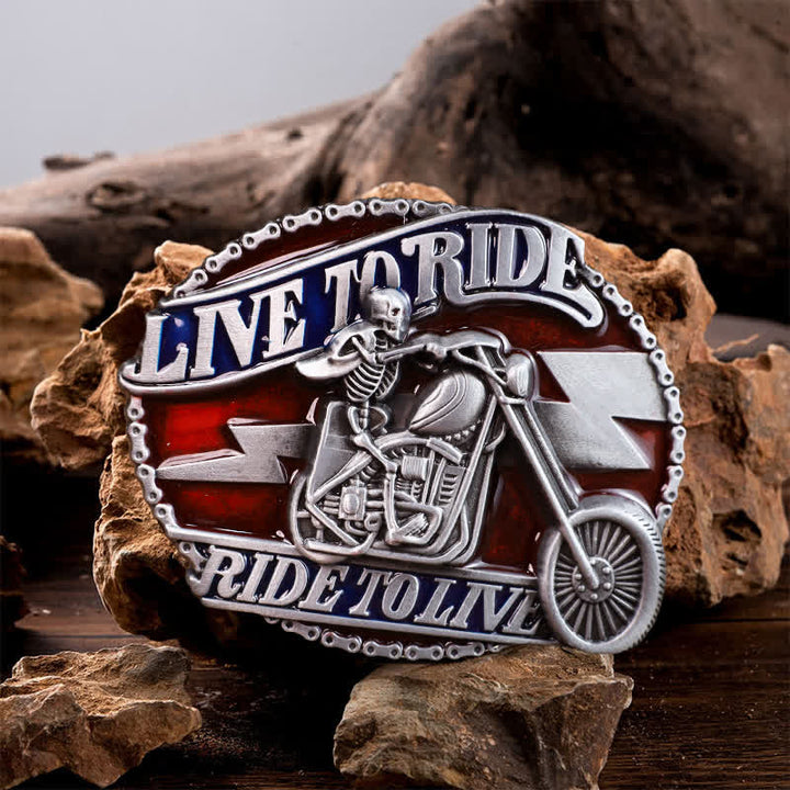 Cintura in pelle con fibbia Live to Ride da motociclista con teschio fai da te da uomo