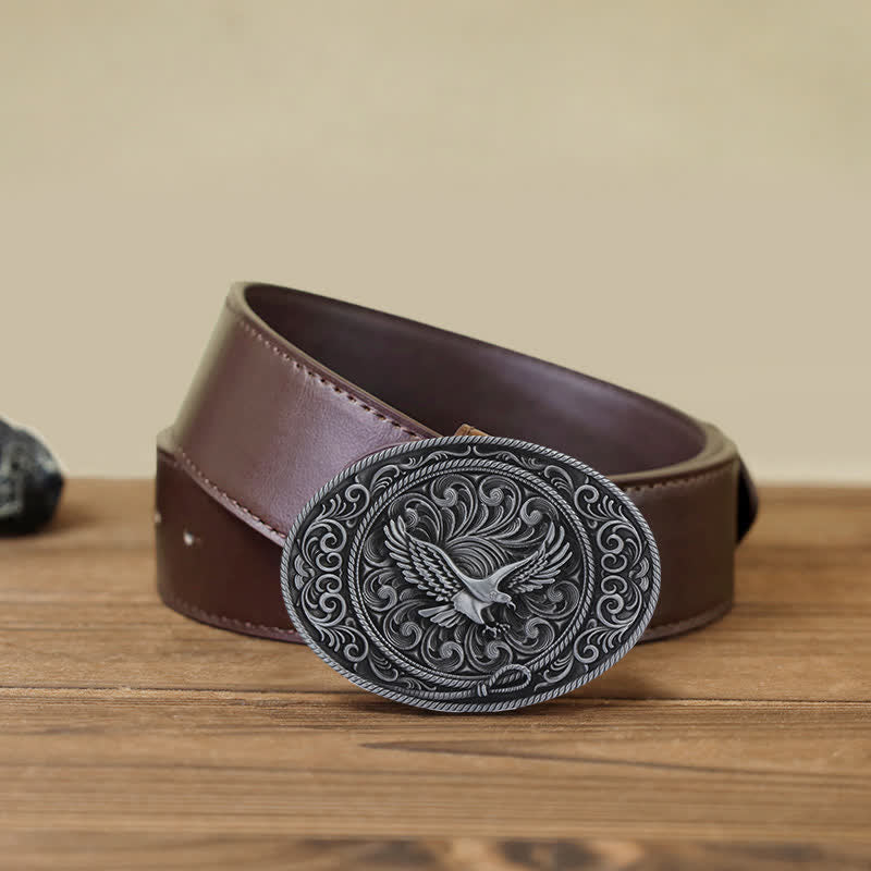 Cintura in pelle con fibbia floreale incisa con aquila volante fai da te da uomo - Argento antico - Cintura PU marrone (40) - image 10