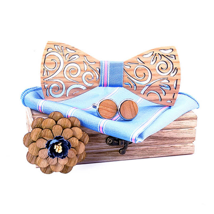 Set di 4 papillon in legno con motivo a foglia cava da uomo