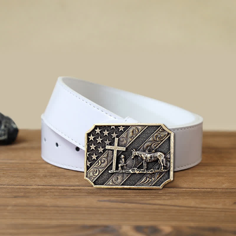 Cintura in pelle fai da te da uomo con fibbia a forma di cavallo con croce e bandiera americana