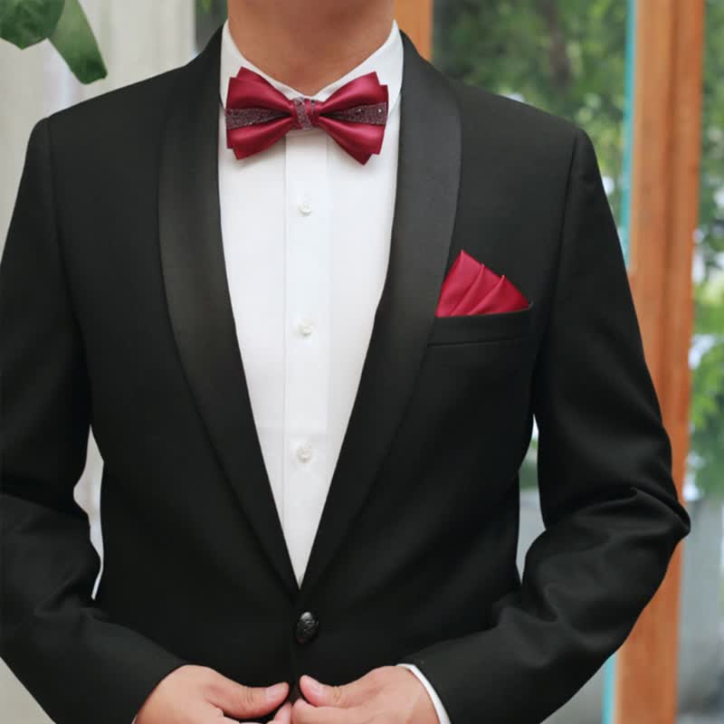 Papillon da uomo con strass rosso e fazzoletto da taschino