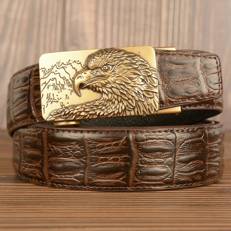 Cintura da uomo in pelle con motivo coccodrillo e aquila intagliata - Oro e marrone - Pelle di coccodrillo - 44 - image 20